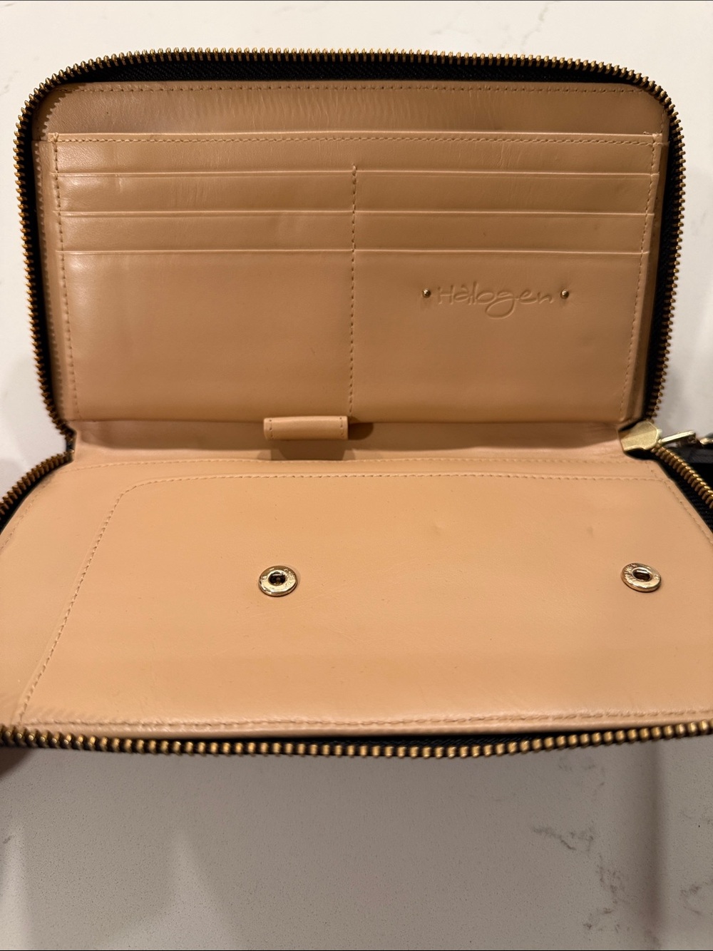 Halogen Beige Leather Zip Wallet with Gold Hardware